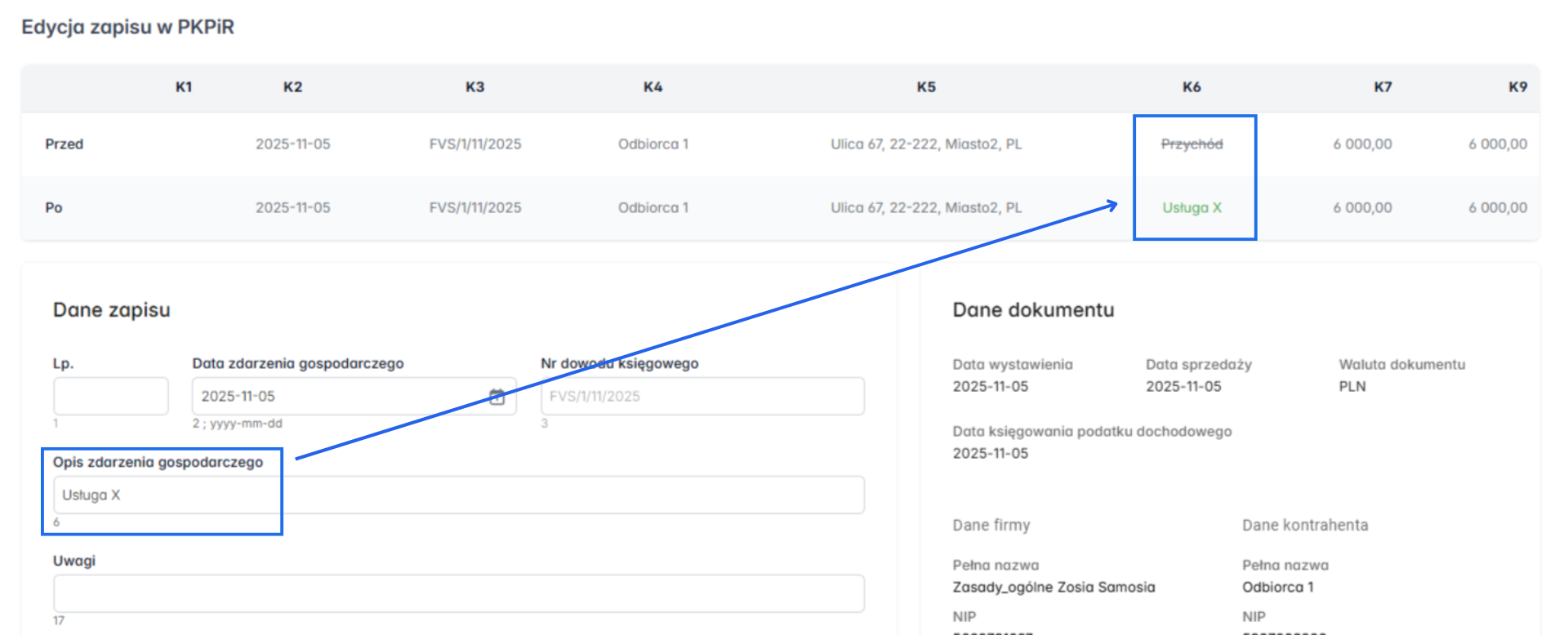 Edycja zapisu w PKPiR z widocznym zapisem przed i po edycji.
