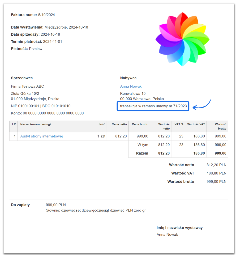 Przykład faktury sprzedażowej z dodatkowym opisem w danych Nabywcy.
