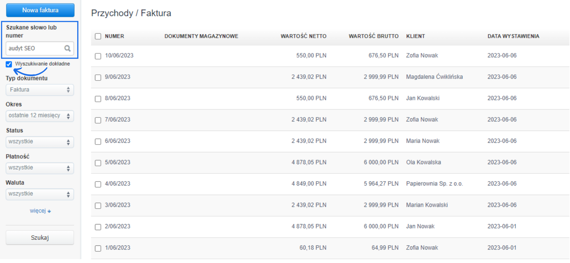 Opcja wyszukiwania dokładnego dostępna w panelu filtrującym na liście faktur.