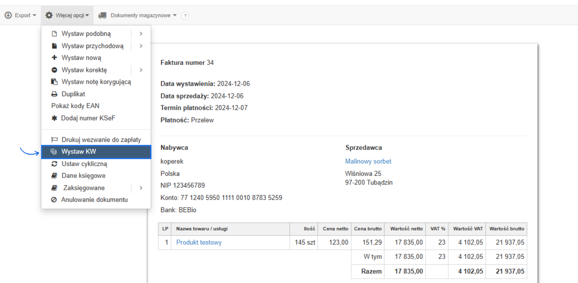 Widok szczegółów faktury w Fakturowni z rozwiniętym menu „Więcej opcji” i podświetloną funkcją „Wystaw KW”.