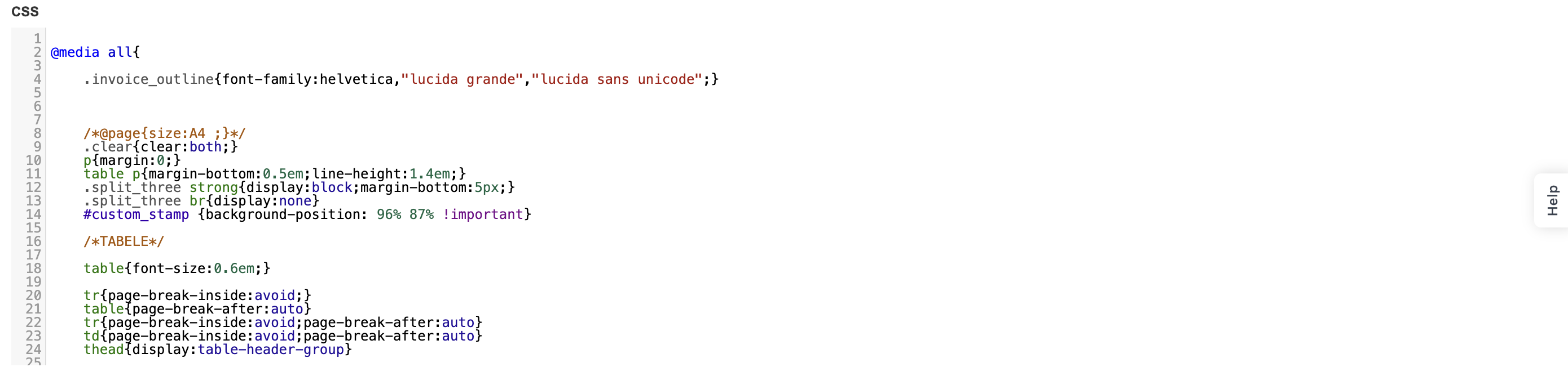 CSS field in the invoice template editor with the style code pasted