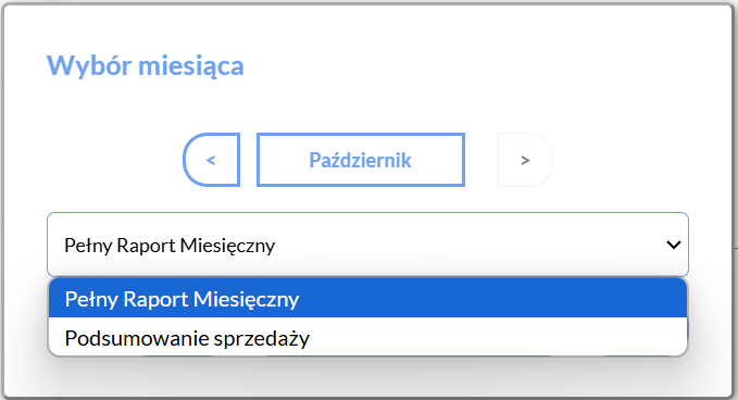 Aplikacja Paragony.pl z możliwością wygenerowania raportu miesięcznego z opcją wyboru miesiąca, którego dane mają dotyczyć oraz formy raportu: pełny raport miesięczny oraz podsumowanie sprzedaży.