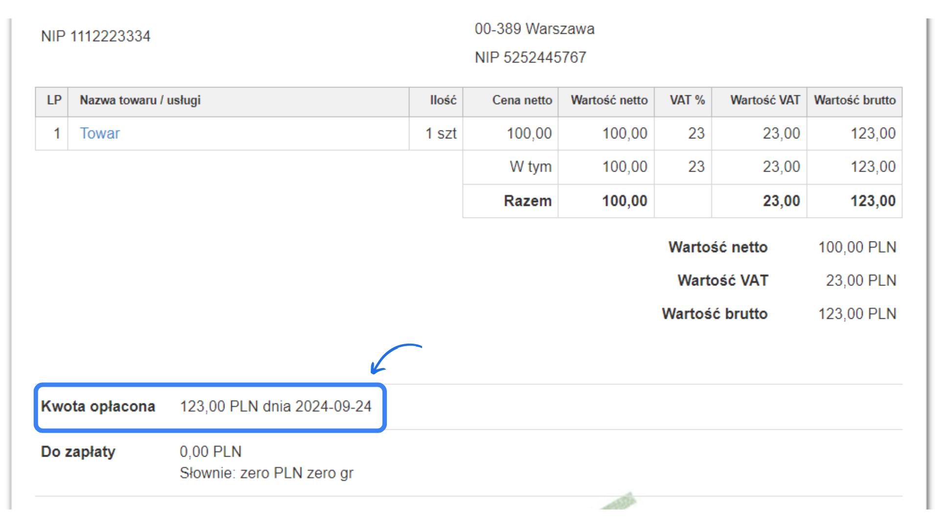 wstawiona data płatności na podglądzie faktury