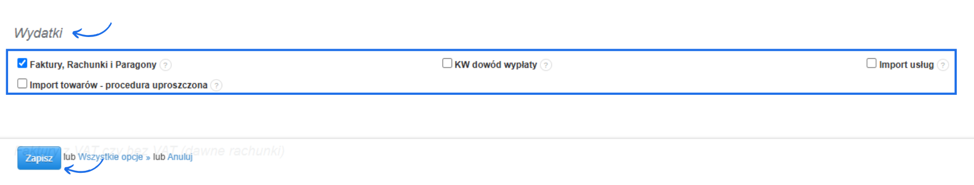 Widok ustawień wydatków w Fakturowni – wybór dokumentów: faktury, paragony, import usług i towarów.