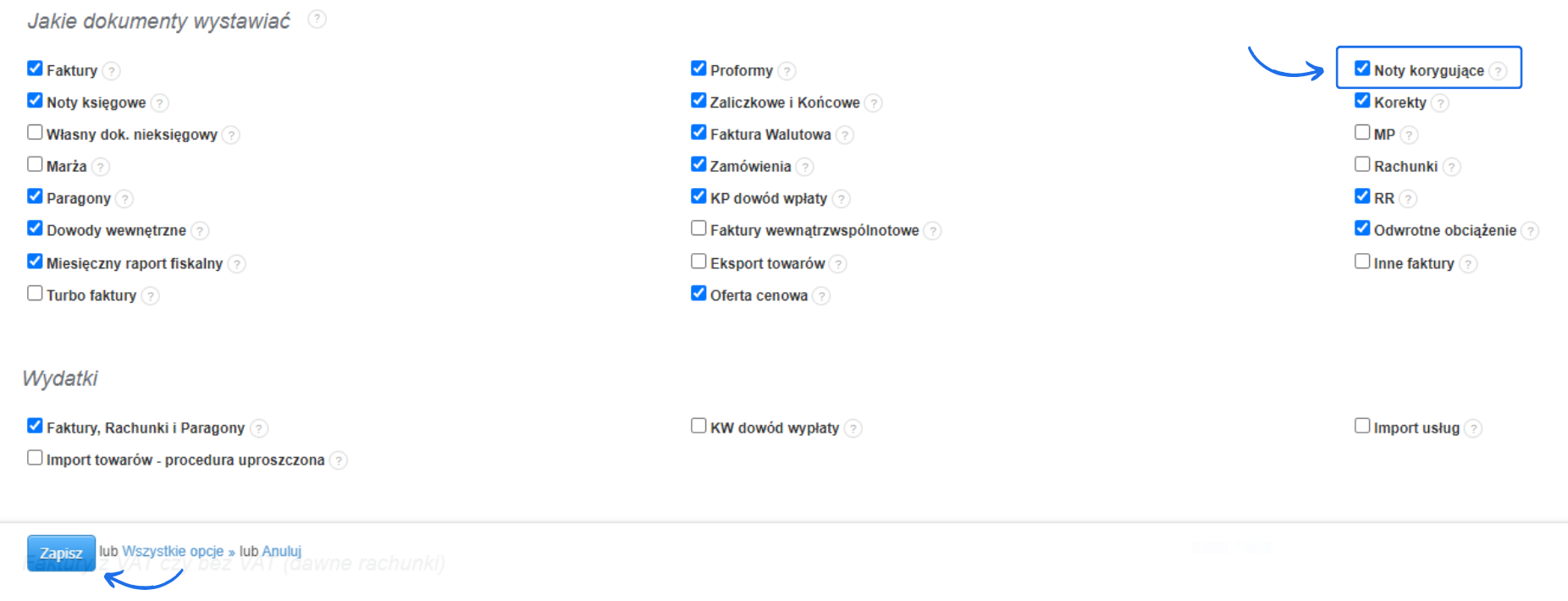 noty korygujące aktywacja w jakie dokumenty wystawiać