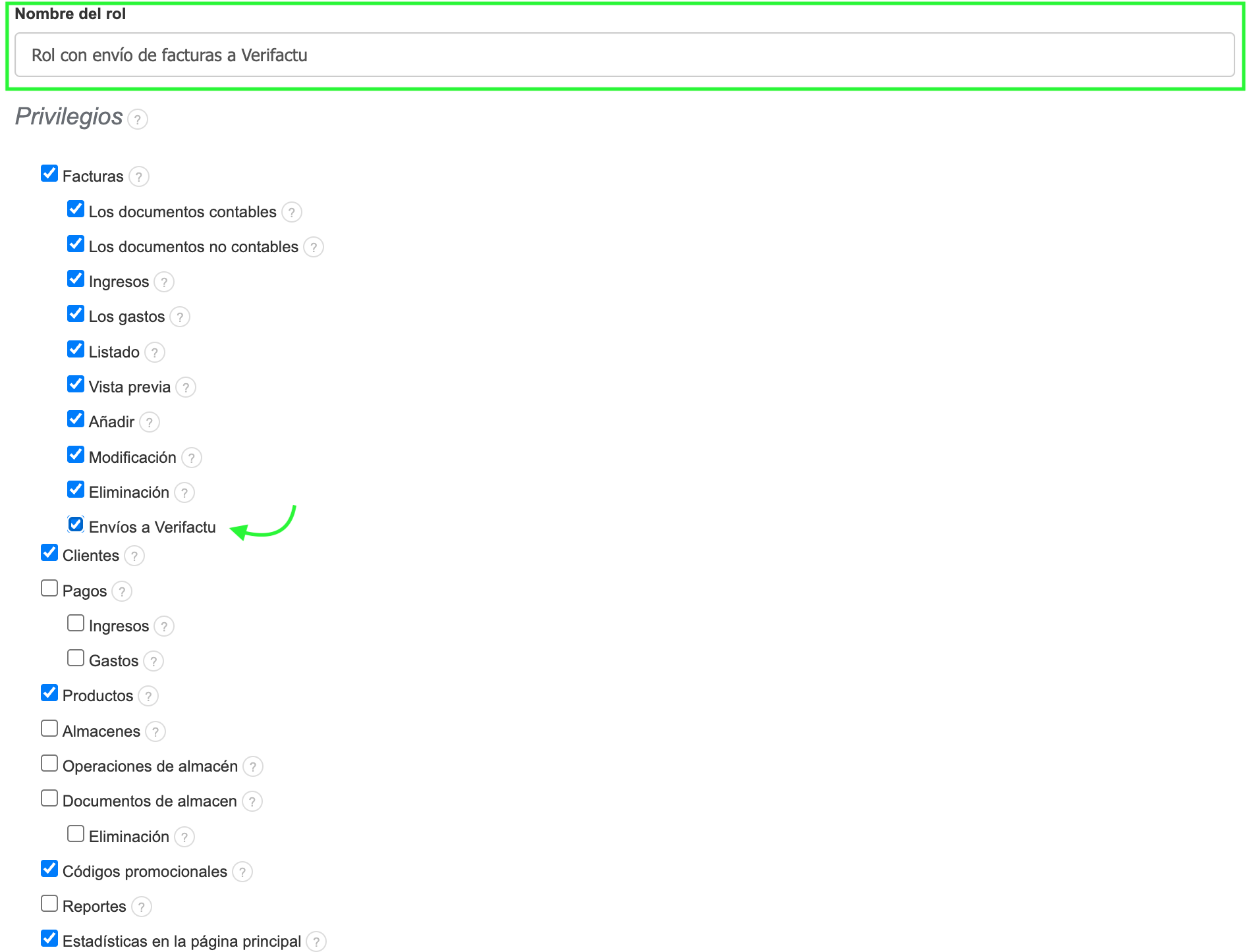 Configuración de rol personalizado con casilla Envíos a Verifactu marcada