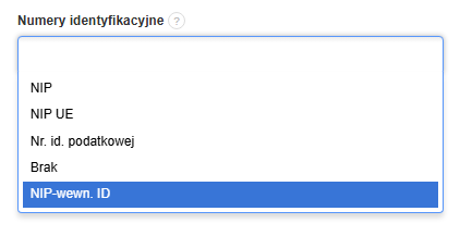 Pole do wyboru nazw numerów identyfikacyjnych dostępnych w systemie w tym również opcja NIP-wewn. ID.
