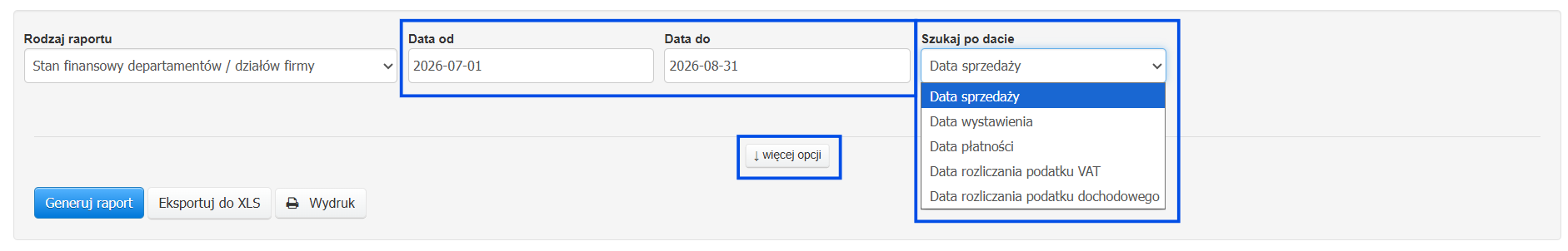 Podstawowe ustawienia raportu stan finansowy działów z opcją określenia zakresu dat i daty faktury.