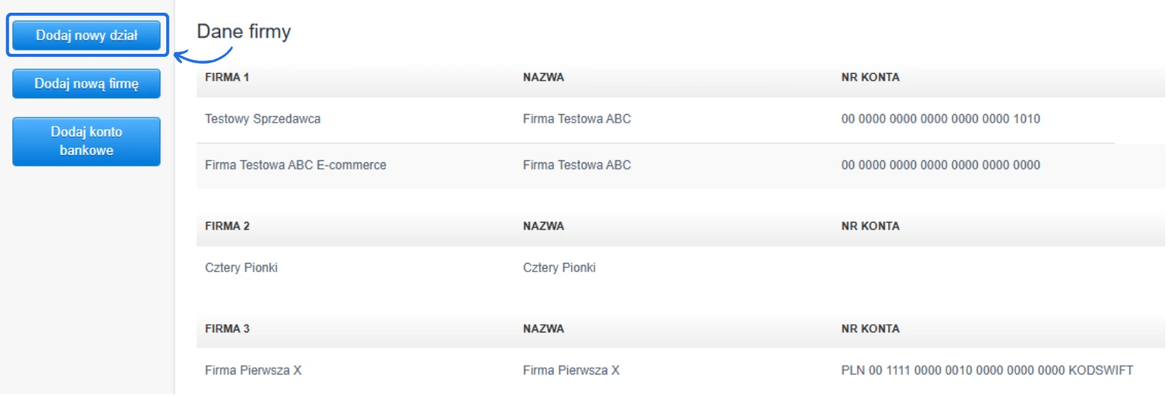 Ekran 'Dane firmy' z listą firm i działów oraz przyciskiem 'Dodaj nowy dział' umożliwiającym dodanie nowego oddziału firmy.