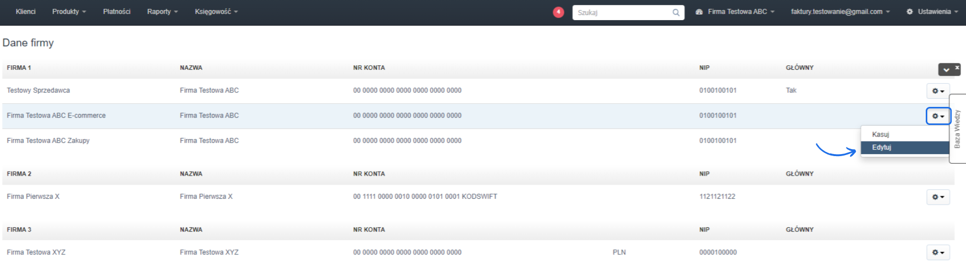 Ekran danych firmy w systemie fakturowania z opcją edycji działu dla firmy Testowa ABC E-commerce.