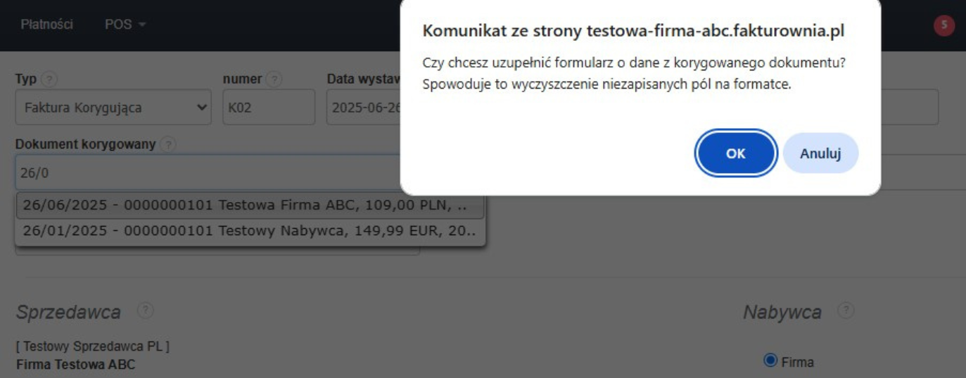 Komunikat z serwisu Fakturownia informujący o możliwości uzupełnienia danych z faktury korygowanej przy wyborze dokumentu.