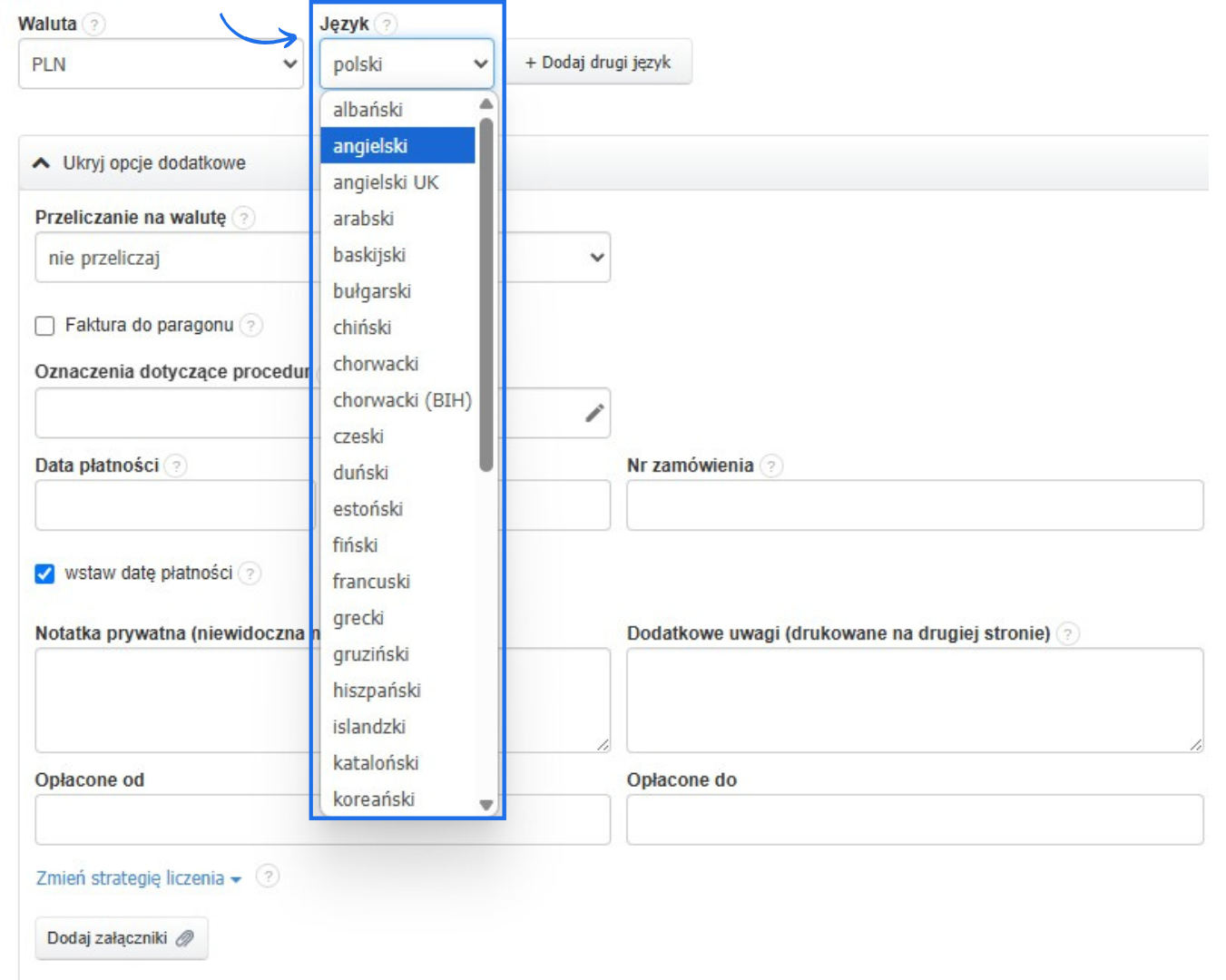 Lista rozwijana do wyboru języka faktury w systemie Fakturownia.pl z zaznaczoną opcją 'angielski'. Widoczne inne dostępne języki, m.in. francuski, hiszpański, chiński.