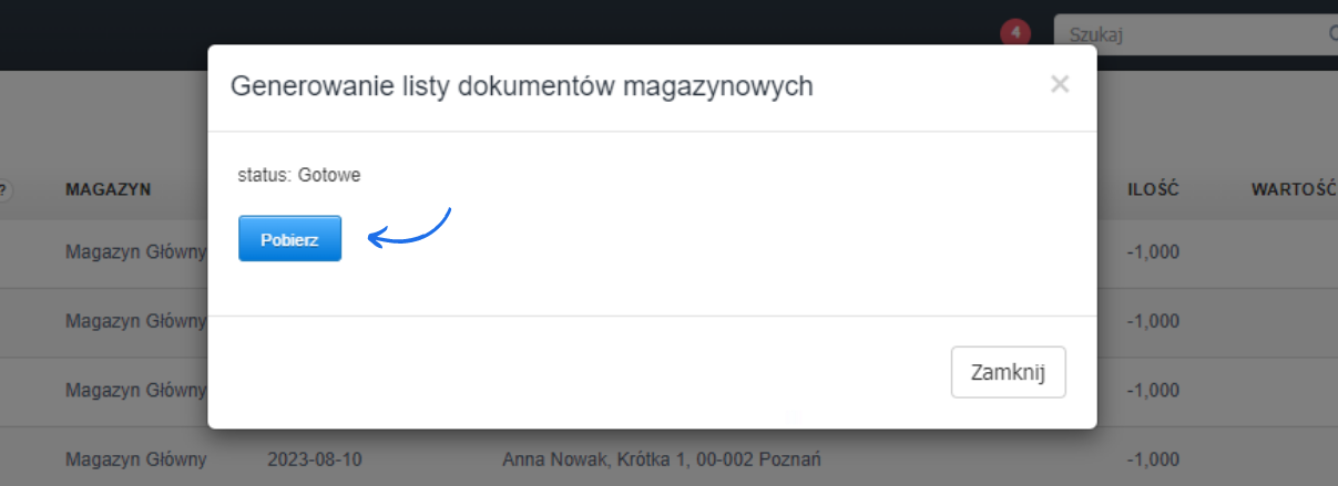 Generowanie listy dokumentów magazynowych' z przyciskiem 'Pobierz' aktywnym po osiągnięciu statusu 'Gotowe'.