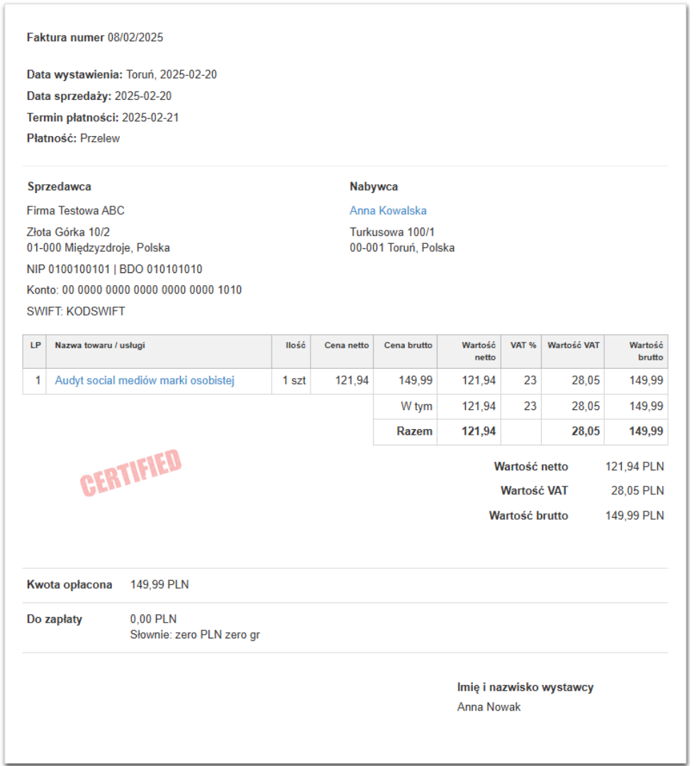 Podgląd faktury w Fakturowni z danymi sprzedawcy i nabywcy, szczegółami transakcji oraz pieczęcią 'CERTIFIED' na dokumencie.