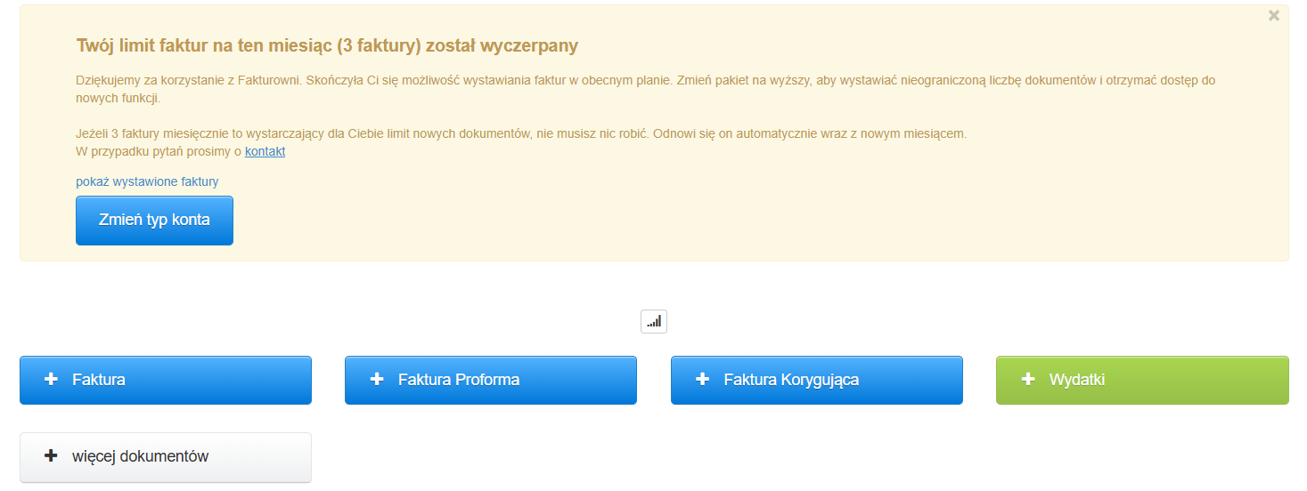 Strona główna konta w Fakturowni z komunikatem o wykorzystanym limicie bezpłatnego planu Micro