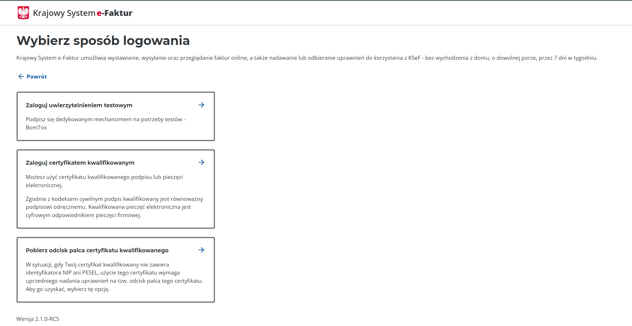 Lista sposobów logowania do krajowego systemu e-Faktur.