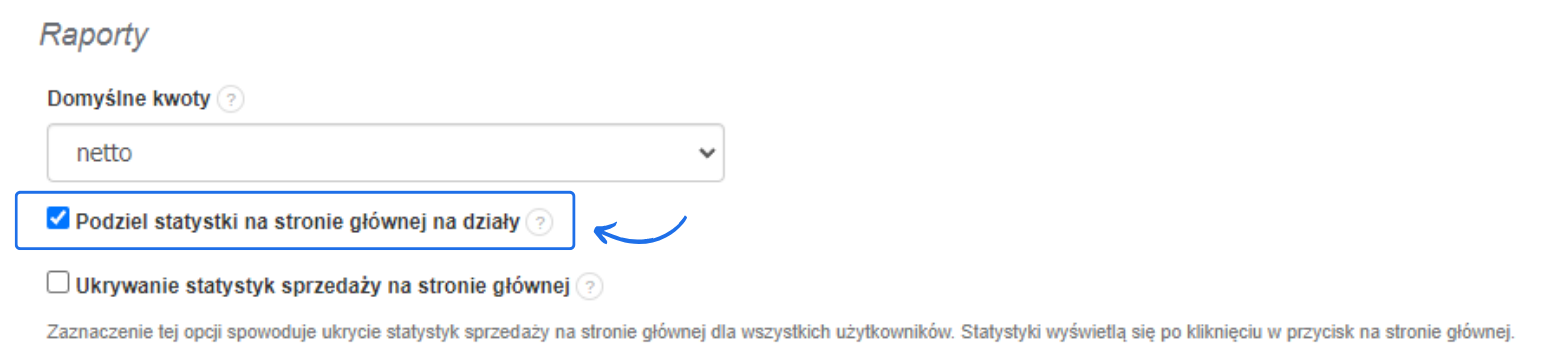 Ustawienia statystyk w systemie Fakturowania z możliwością aktywacji podziału statystyk według działu.