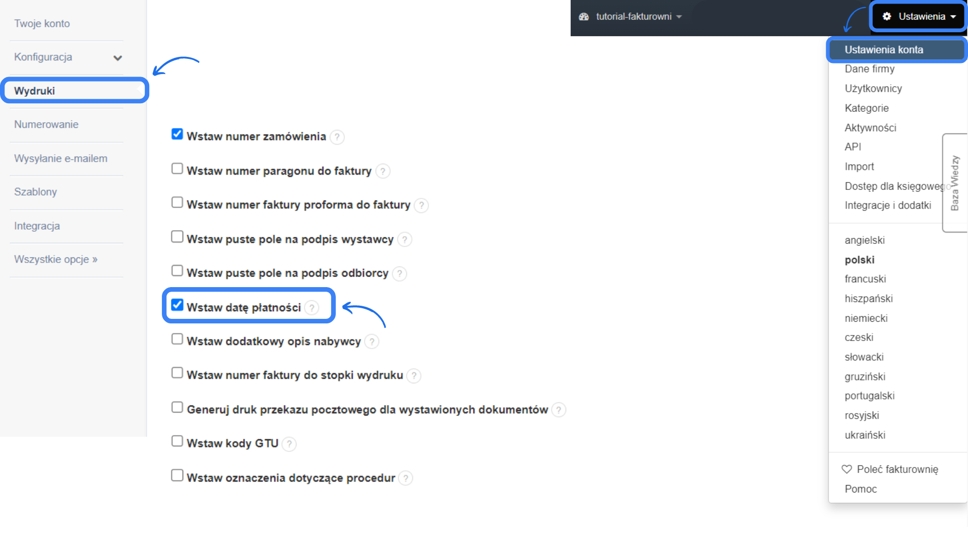 checkbox Wstaw datę płatności na fakturze