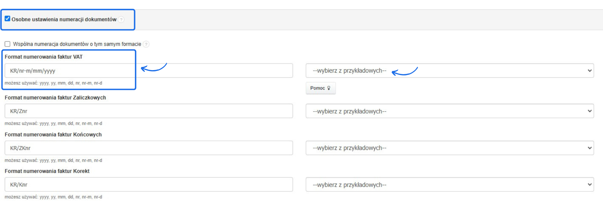Konfiguracja numeracji dokumentów w systemie Fakturownia, z osobnym formatem numerowania faktur VAT i opcją wyboru przykładowych wzorców.