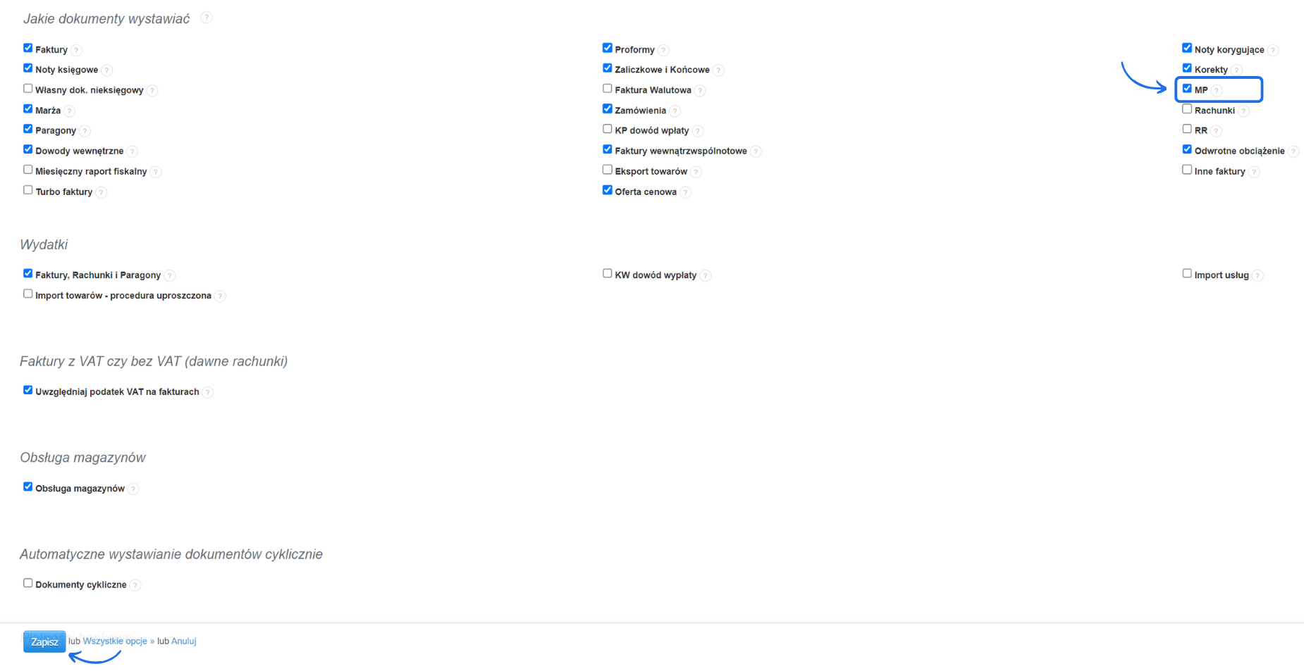 Ekran konfiguracji z opcją wyboru dokumentów do wystawiania, zaznaczone faktury, proformy, zaliczkowe, końcowe, MP, oraz opcja zapisu ustawień.