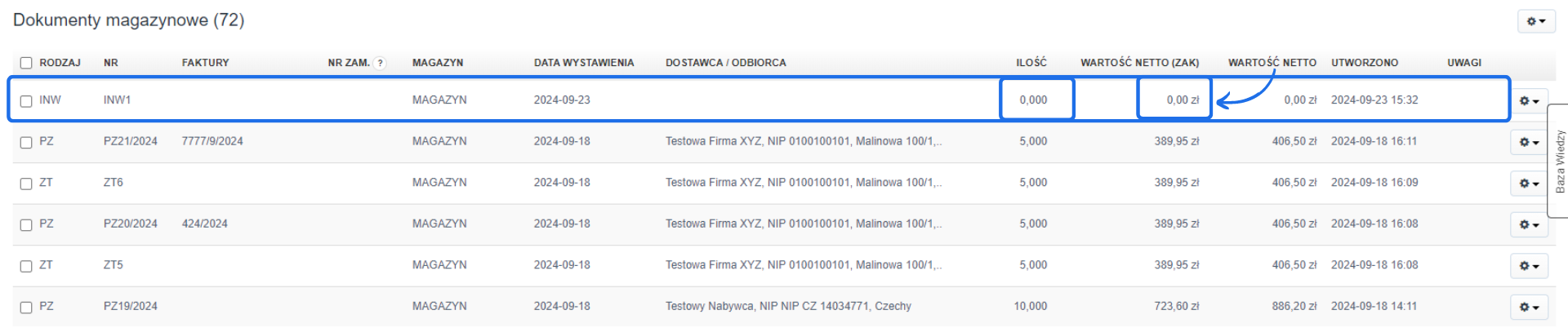 Wartości zerowe przy inwentaryzacji na liście dokumentów magazynowych co do ilości i wartości. 