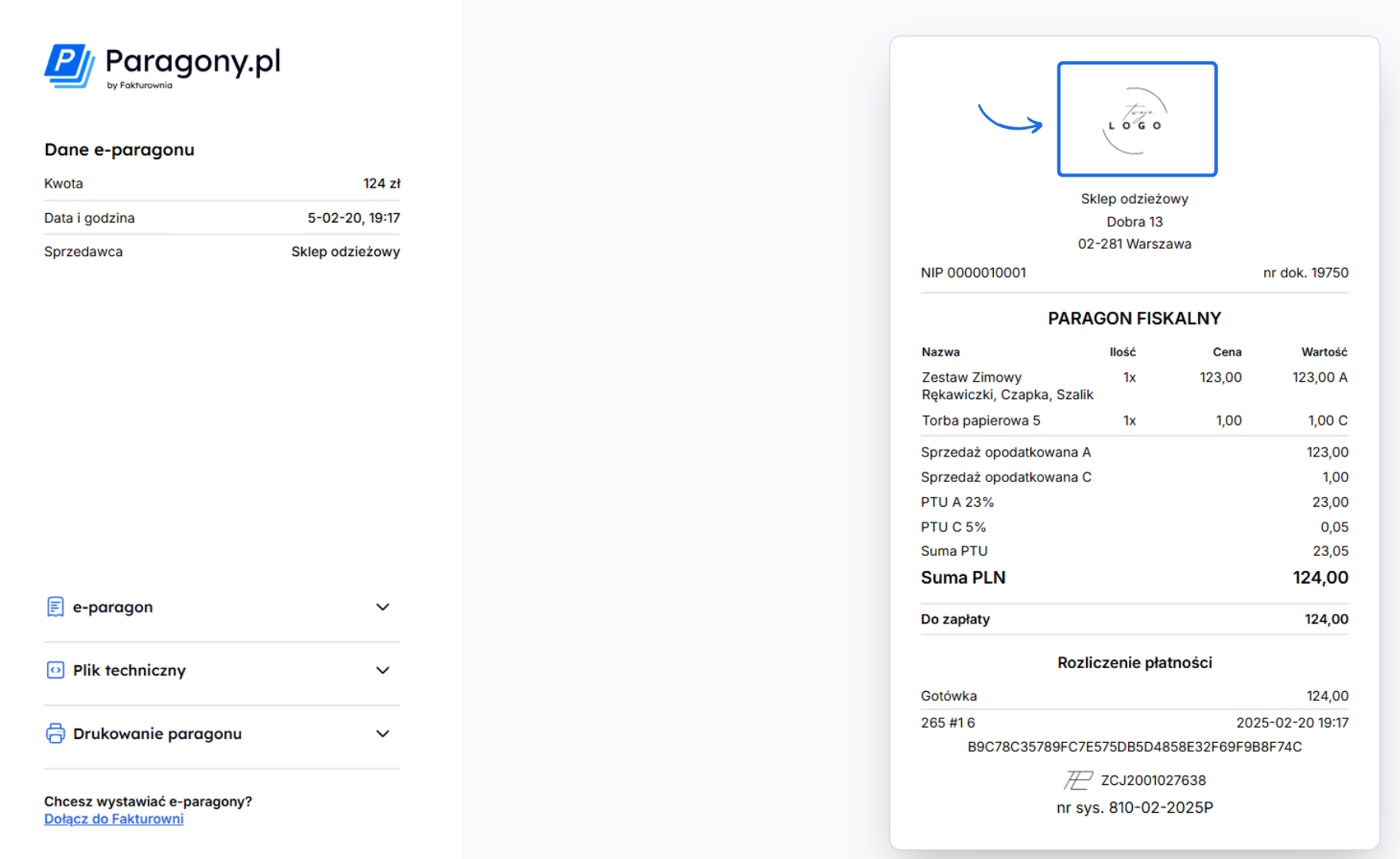 Widok e-paragonu na platformie Paragony.pl z danymi transakcji, sprzedawcą oraz szczegółami zakupu. Na paragonie widoczne jest przykładowe logo sklepu odzieżowego.