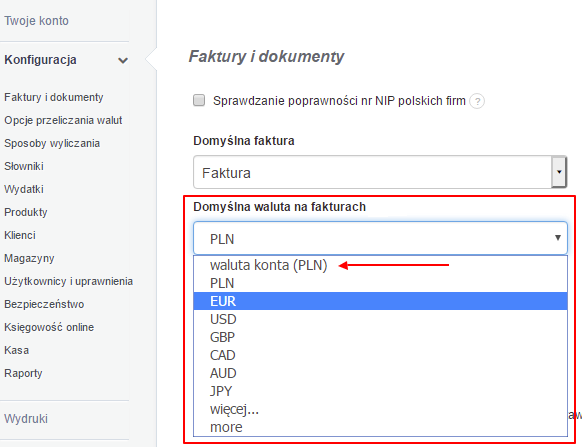 waluta faktur