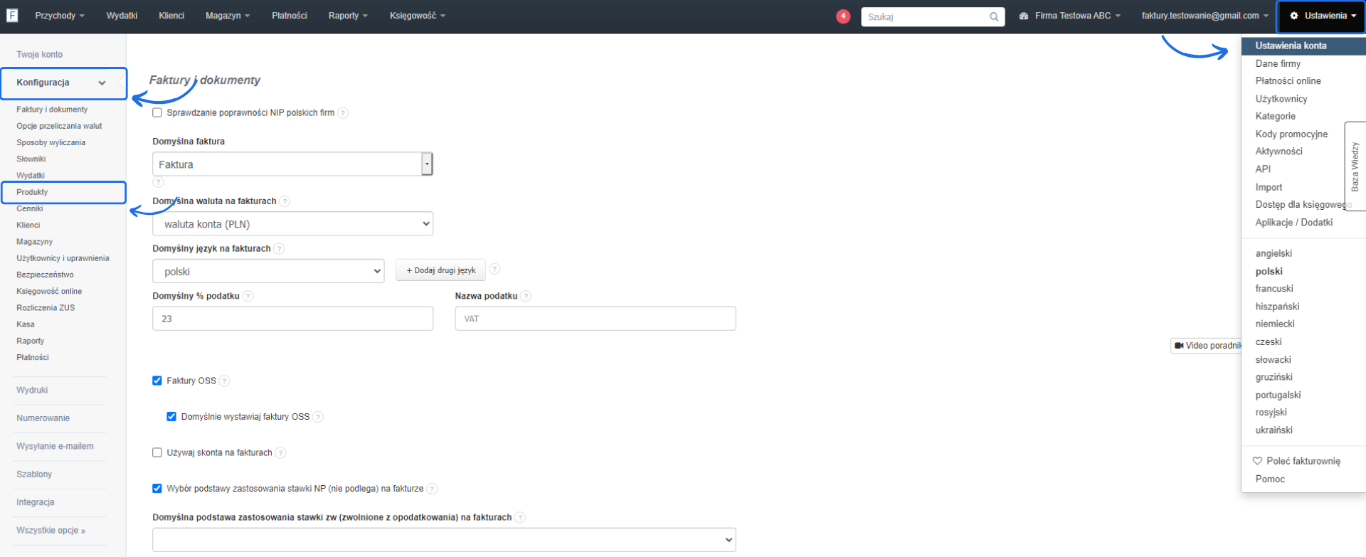 Interfejs ustawień faktur i dokumentów z opcjami waluty, języka i podatku VAT w polskim systemie faktur.