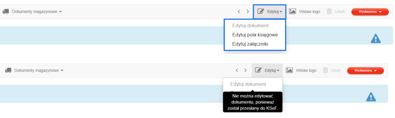 Opcja edycji dokumentu dla faktury wysłanej do KSeF, dostępne opcje edycji pól księgowych i załączników.