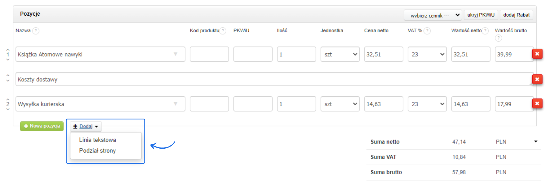 Interfejs programu do faktur wyświetlający szczegóły faktury z pozycjami oraz dodatkowe opcje jak dodanie podziału strony czy linii tekstowej.