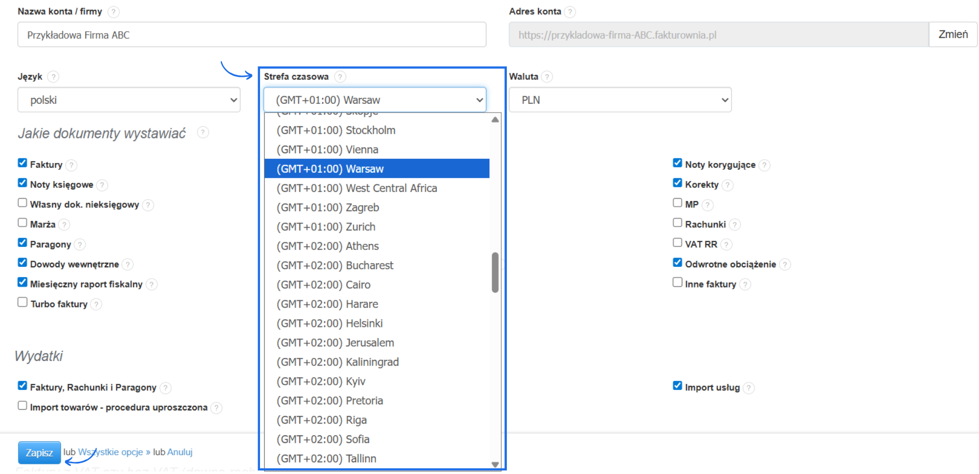 Ustawienia konta z opcją wyboru strefy czasowej, języka i waluty konta.