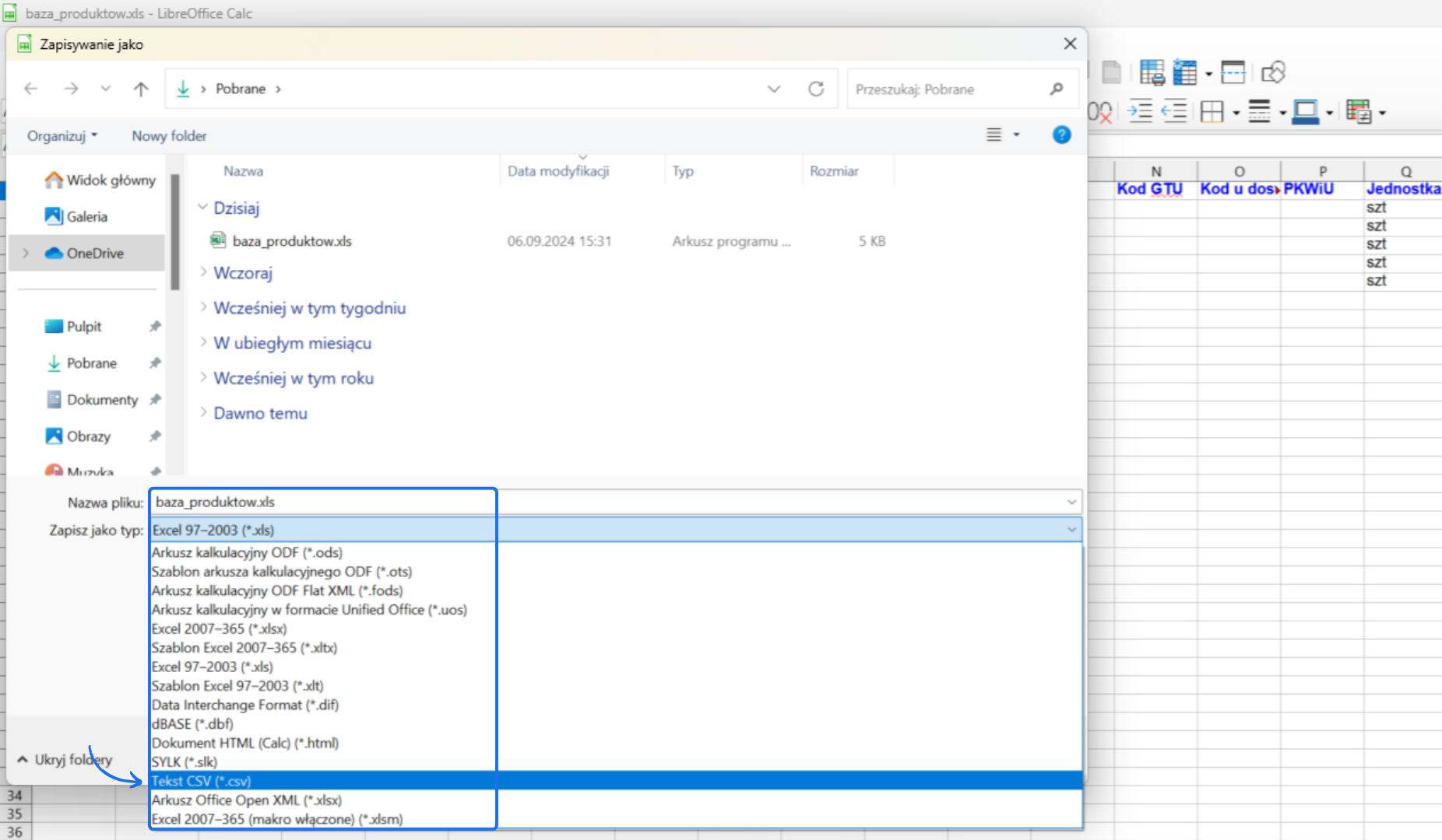 Widok okna dialogowego zapisywania pliku w LibreOffice Calc z opcjami wyboru formatu, w tym CSV, Excel i inne formaty arkuszy kalkulacyjnych.