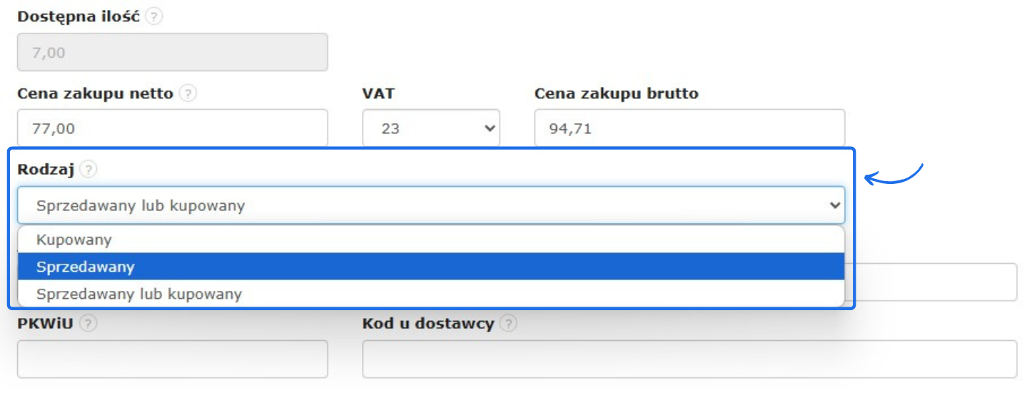 Lista rozwijana w formularzu konfiguracji produktu z zaznaczoną opcją 'Sprzedawany' oraz innymi dostępnymi opcjami wyboru.