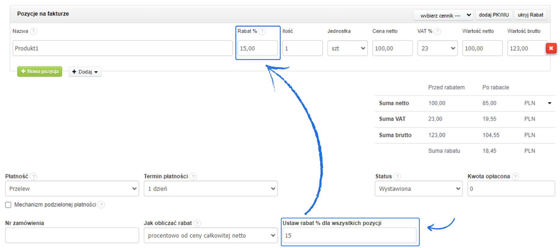 Formularz tworzenia faktury z rabatem ustalonym w dedykowanym polu na 15% i możliwością ustawienia rabatu % dla wszystkich pozycji.