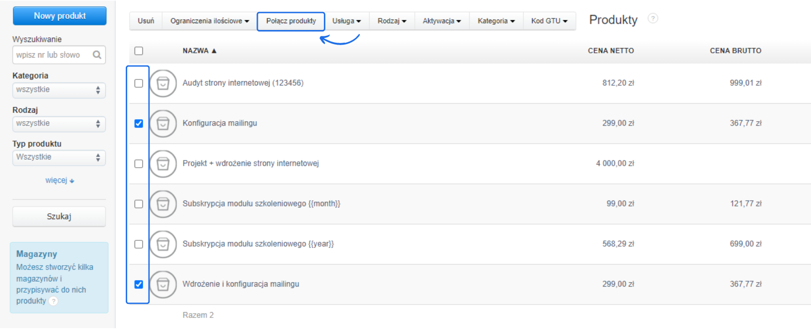 Panel produktów w Fakturowni z zaznaczonymi produktami, które mają zostać połączone w jeden po skorzystaniu z opcji 'Połącz produkty'. która jest istotna w przypadku zdublowanych towarów.
