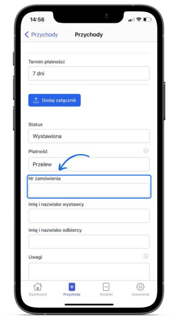 Ekran aplikacji mobilnej Fakturowni – formularz edycji dokumentu przychodu z polem do wpisania numeru zamówienia i szczegółami płatności.