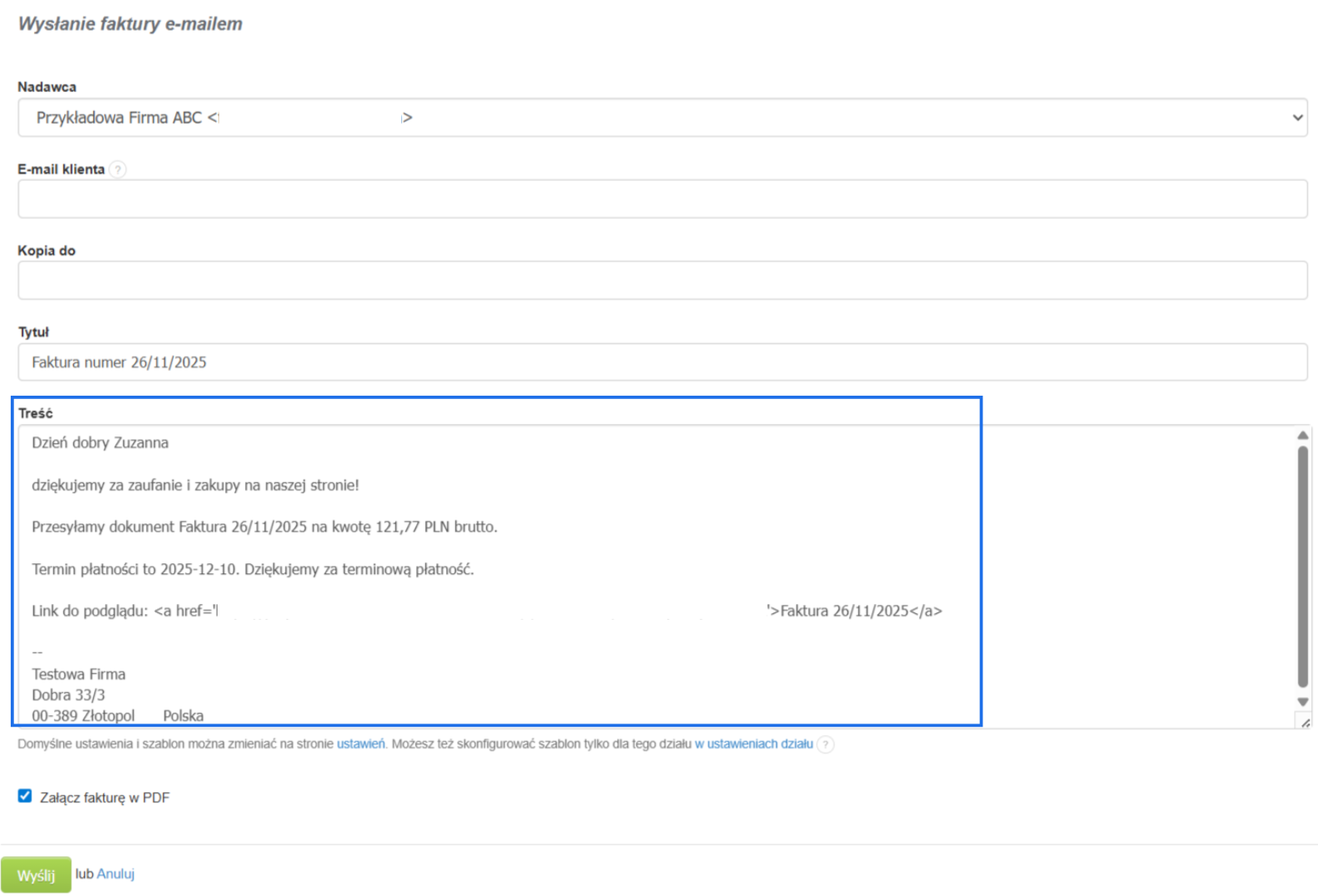 Przykładowy formularz wysyłki faktury z treścią wygenerowaną przez system na podstawie własnego szablonu treści określonego w ustawieniach konta. 