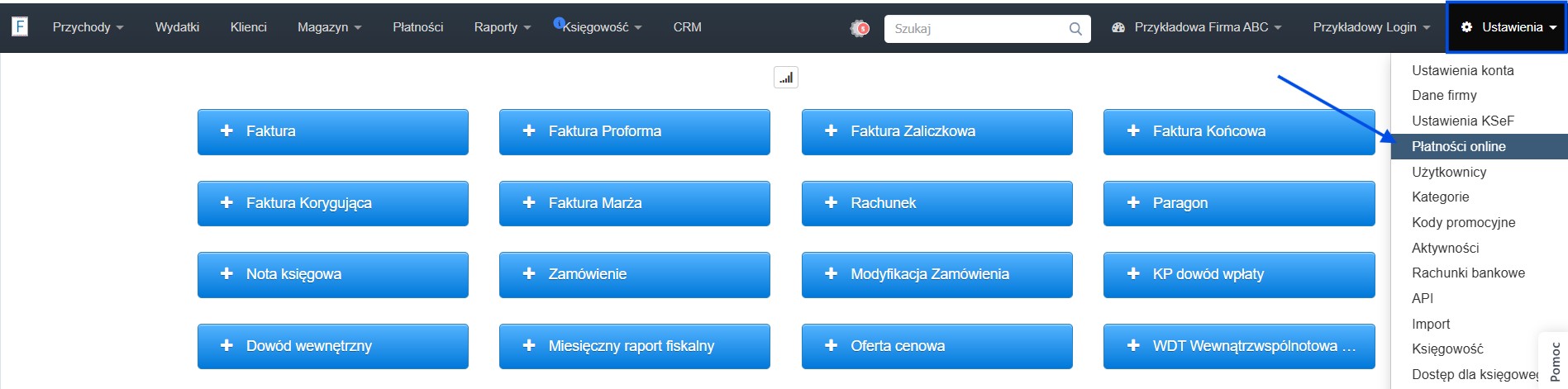 Panel główny Fakturowni z aktywną zakładką ustawienia i ustawieniami dla płatności online.