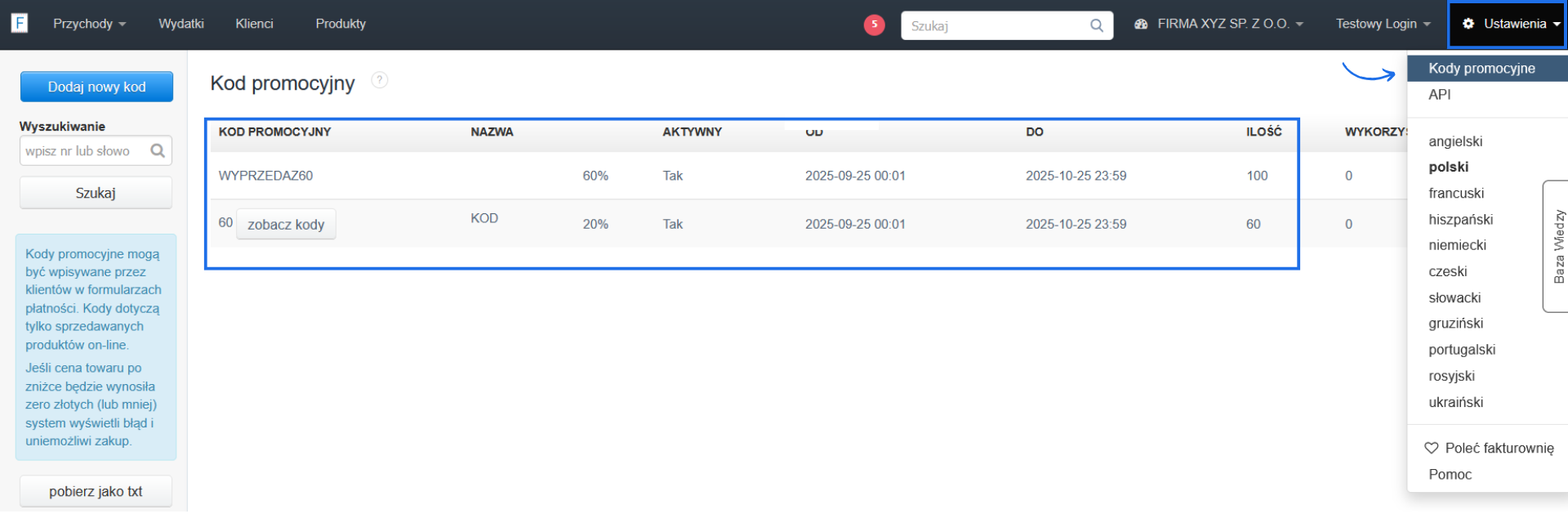 Widok konta i listy kodów promocyjnych po zalogowaniu przez użytkownika z przypisaną własną rolą oraz z dostępem do zakładki kody promocyjne.
