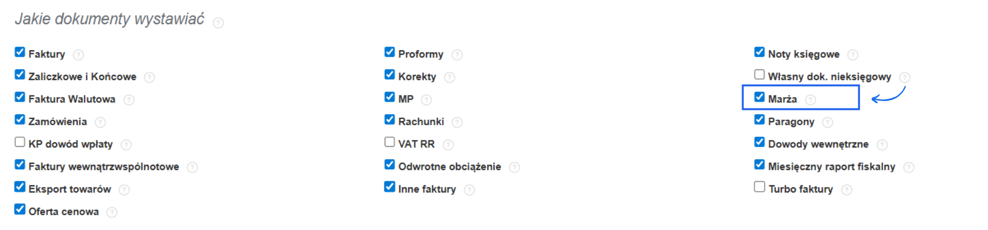 Typy dokumentów do wystawienia w systemie Fakturownia z aktywną opcją 'marża'.