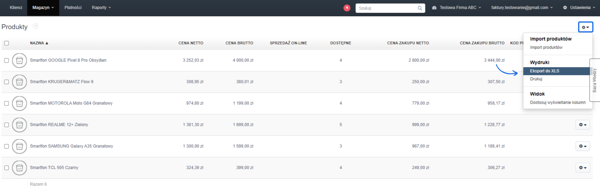 Ekran pokazujący listę produktów z opcją eksportu do pliku XLS, widoczne szczegóły produktów, takie jak cena netto, cena brutto, ilość dostępna i koszt zakupu.