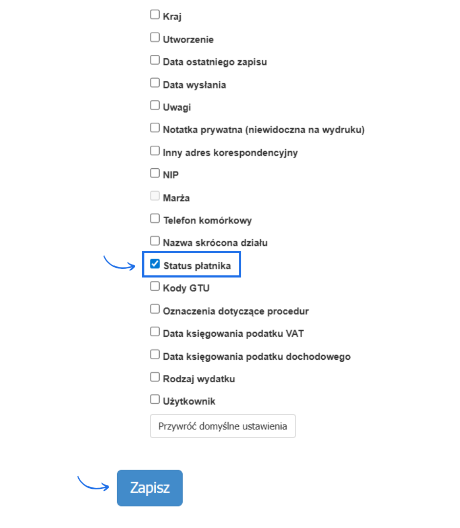 Lista kolumn, które użytkownik może wyświetlić na liście faktur kosztowych z aktywną opcję status płatnika.