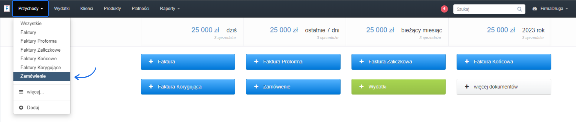 Panel użytkownika w systemie fakturowym z widocznymi opcjami tworzenia dokumentów: faktury, faktury proforma, zamówienia, faktury końcowej i korygującej.