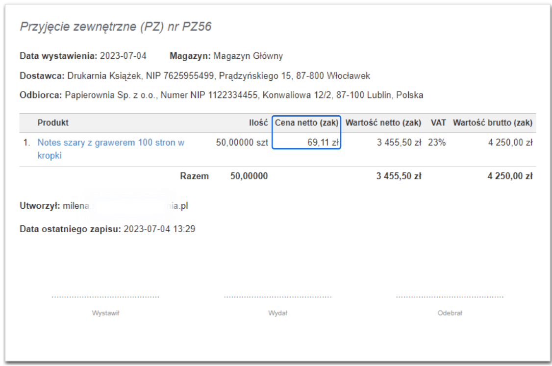 Dokument przyjęcia zewnętrznego (PZ56) dla 'Notes szary z grawerem 100 stron w kropki' z ceną netto zakupu 69,11 zł za sztukę, data 2023-07-04.