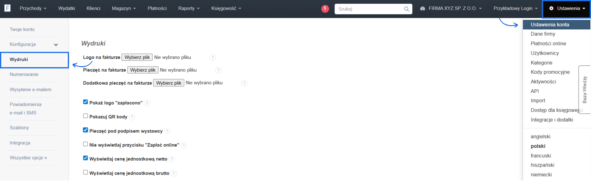 Ustawienia w systemie do fakturowania z aktywną sekcją dotyczącą szczegółowych ustawień wydruków faktury.