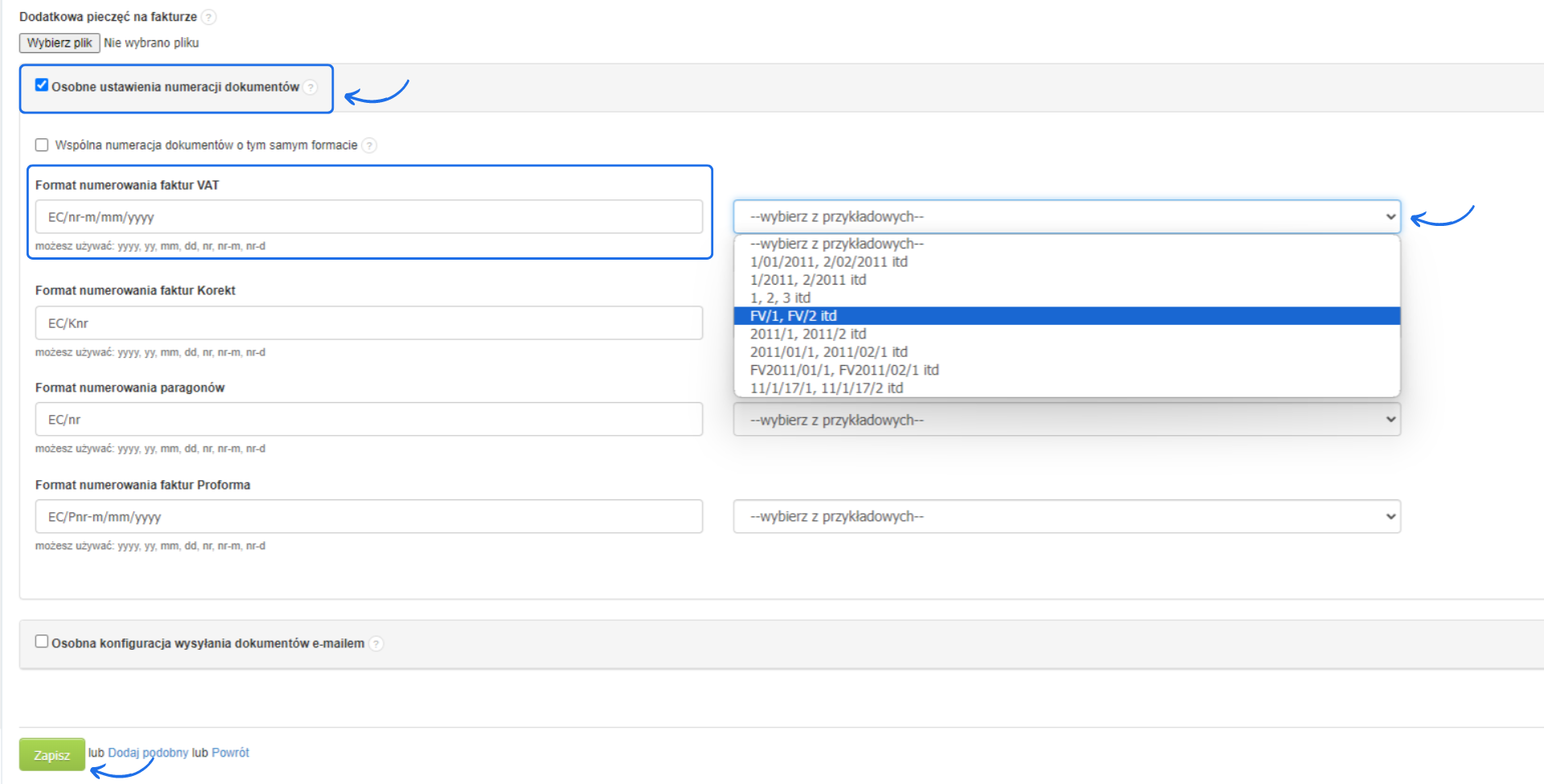 Ekran ustawień osobnej numeracji dokumentów z przykładami formatów numerowania faktur VAT, korekt, paragonów i proform.