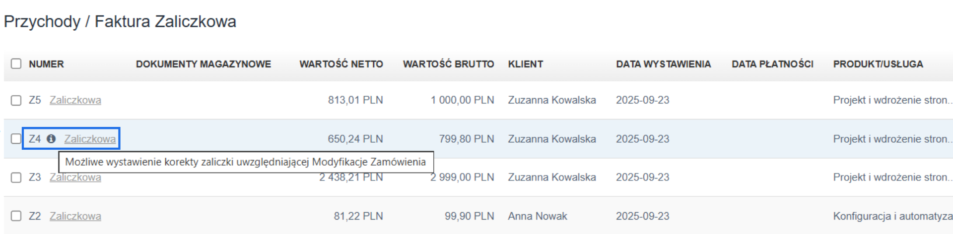 Lista faktur zaliczkowych wystawionych w systemie Fakturownia z dodatkowym oznaczeniem zaliczki, do której należy wystawić fakturę korygującą.