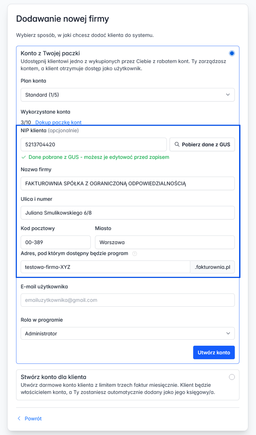 Formularz dodawania konta do panelu biura księgowego z uzupełnionymi danymi firmy, które pojawią się jako dane sprzedawcy na koncie.
