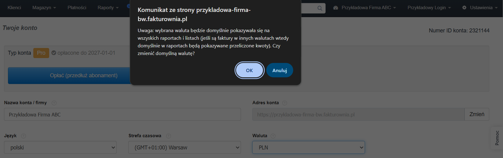 Komunikat systemowy wskazujący na konieczność potwierdzenia zmiany waluty i przeliczenia wartości w systemie.