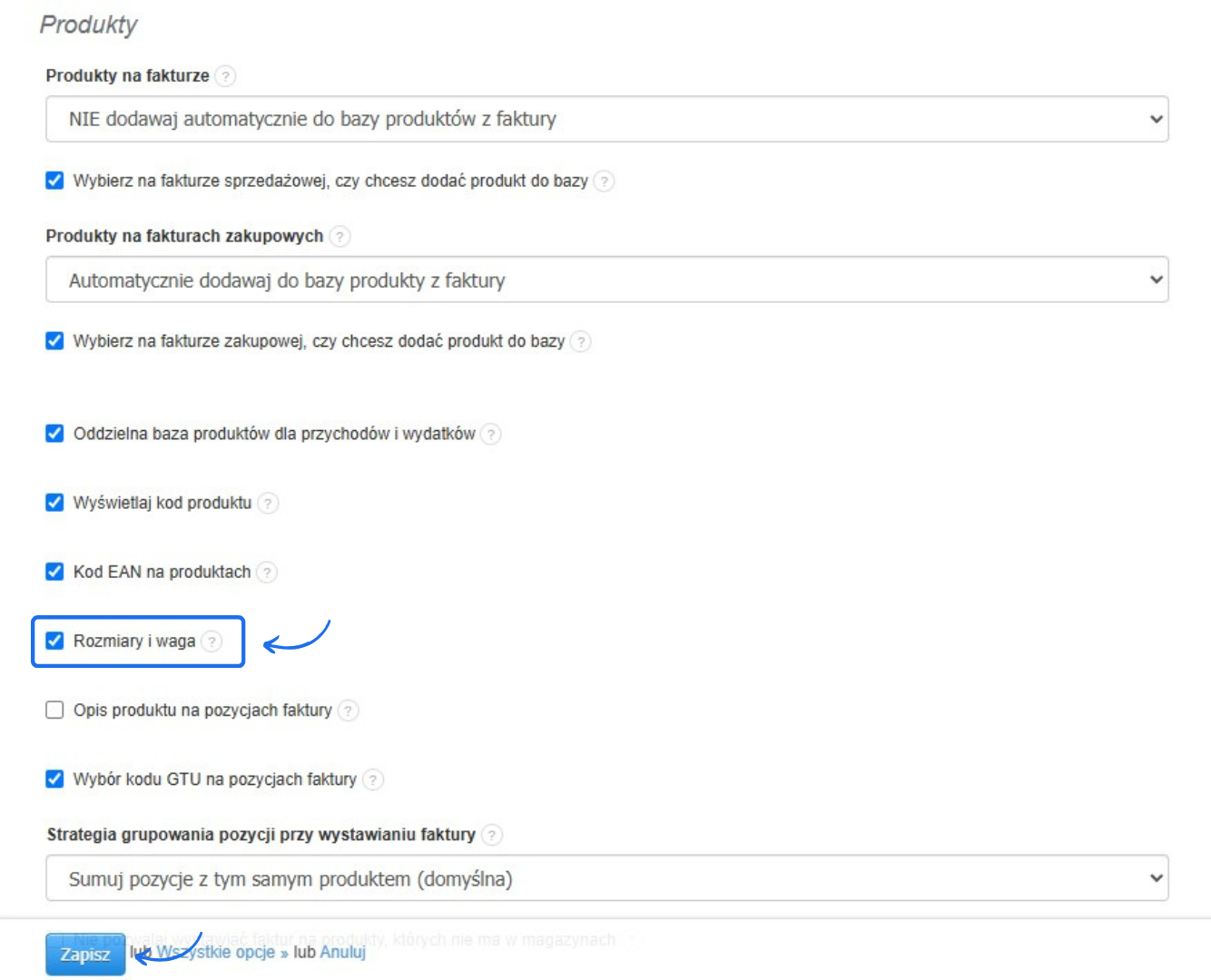 Ustawienia sekcji Produkty w Fakturownia z zaznaczoną opcją "Rozmiary i waga" oraz przyciskiem Zapisz na dole ekranu.